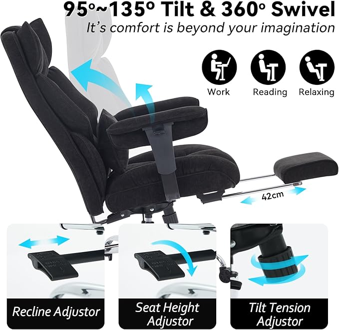 Efomao Executive Office Chair, Soft-Cushioned Computer Chair with Foot Rest, Fabric Home Office Desk Chairs, Big and Tall Office Chairs, Black
