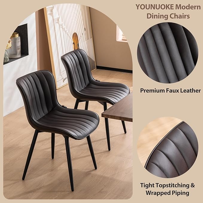 YOUNUOKE Dining Chairs Set of 2 Upholstered Mid Century Modern Kitchen Chair Comfortable Armless Faux Leather Accent Chair with Metal Legs for Guest Waiting Reception Living Room, Dark Brown