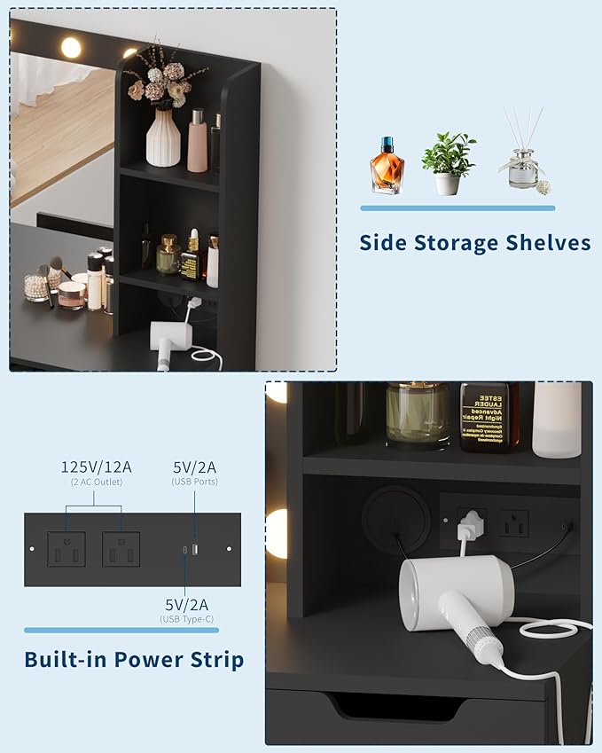 Garvee Vanity Desk with Mirror and Lights - Makeup Vanity Desk with 4 Drawers, Built-in Power Outlet & USB, Adjustable LED Lighting, Makeup Table for Bedroom