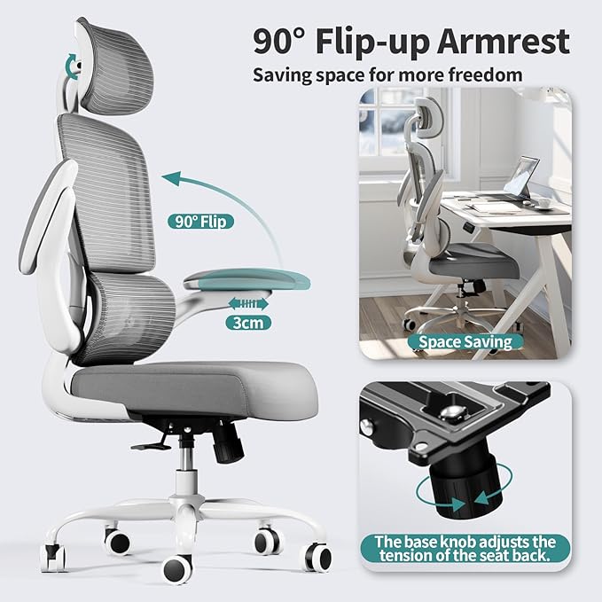 TRALT Office Chair Ergonomic Desk Chair, 330 LBS Home Mesh Office Desk Chairs with Wheels, Comfortable Gaming Chair, High Back Office Chair for Long Hours (Grey)