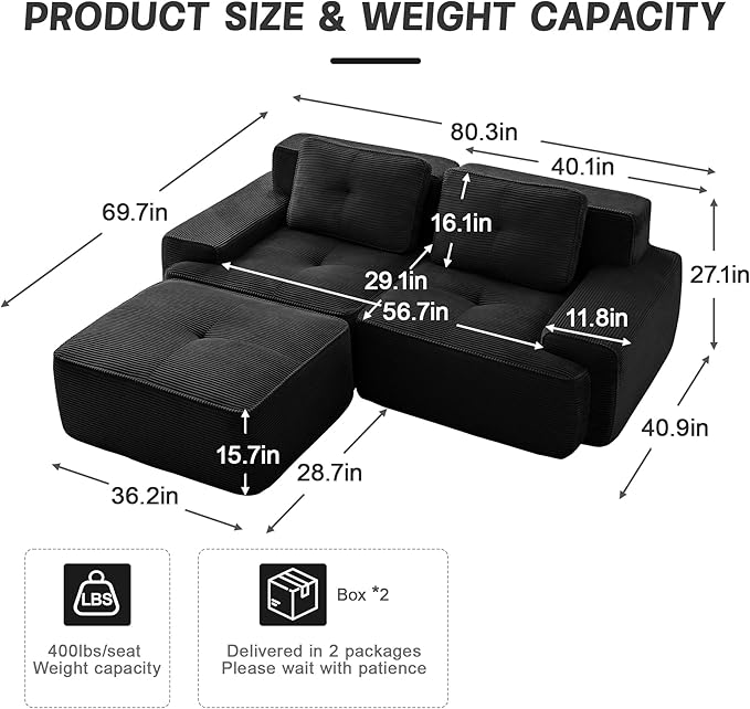 80" Modern Compressed Boneless Love Seat Couches with 1 Ottoman, 2 Seater Large Sectional Couches for Living Room, Black Corduroy Cloud Modular Sectional Sofa, Memory Foam, Deep Loveseat, No Assembly