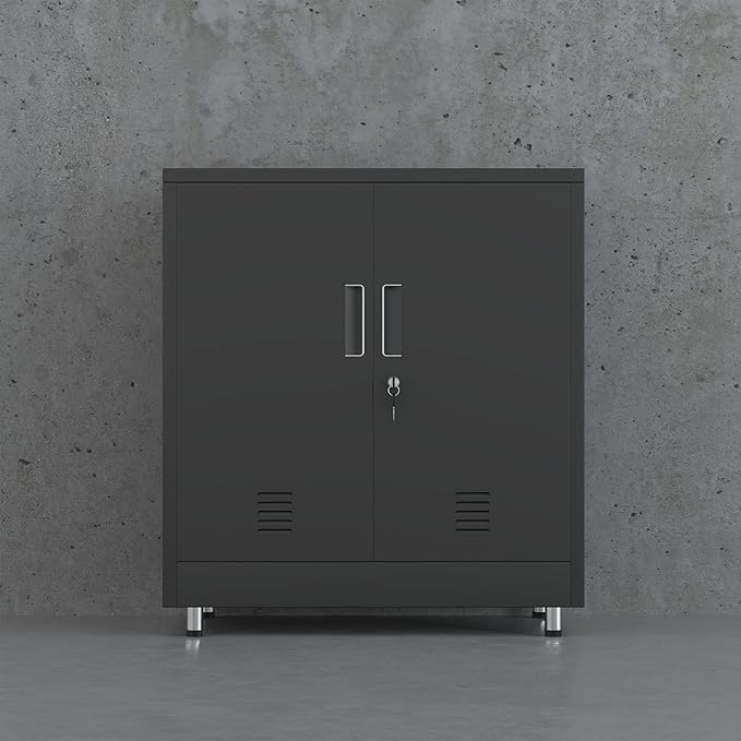 Metal Storage Cabinet with Locking Doors and Adjustable Shelf, Small Lockable Sideboard Buffet Cabinet for Home Office Hallway Entryway Living Dining Room (Black)