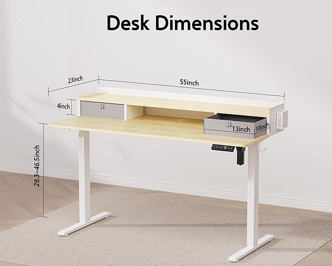 55x24 Inches Electric Standing Desk with 2 Drawers, Height Adjustable Stand up Desk for Home Office, Ergonomic Sit to Stand Table with Storage Shelf, DIY Board, Hooks, Oak