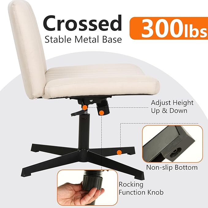 FDW Criss Cross Chair Armless Cross Legged Office Desk Chair Adjustable Swivel Ergonomic Desk Chair No Wheels U Shaped Backrest with Wide Seat Native Sponge Computer Task Vanity Chair for Home Office