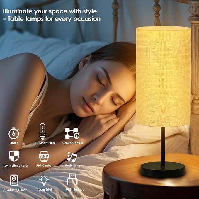 Smart Bedside Table Lamp for Bedroom, Modern Bedroom Lamps for Nightstand Decoration, 72 LED Colorful Bulb with APP Control & Music Sync & Timer, Desk Light for Home Office Living Room (Black Round)