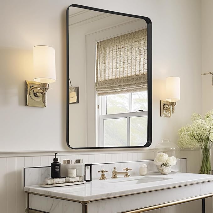 Wall Mirror 30" x 40" for Bathroom Black Metal Deep Frame Mirror for Wall Decorative Rectangular Round Corner Wall Mounted Vanity Mirror for Bedroom Living Room Entryway Wall Decor