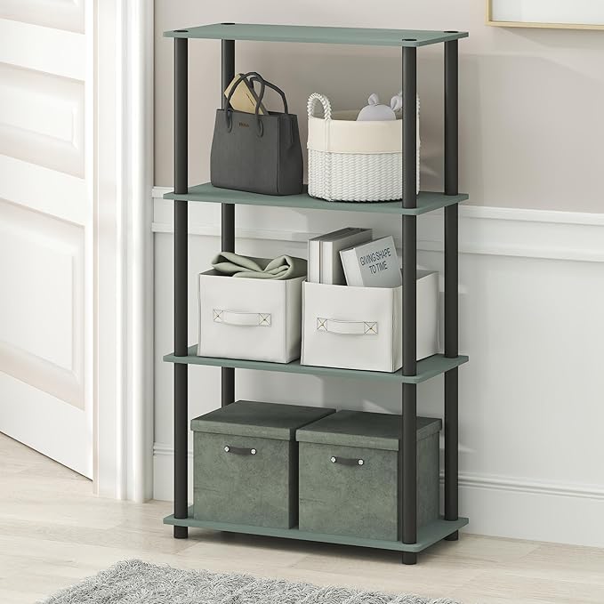 Furinno Turn-N-Tube Storage Shelves, 4-Tier Toolless Book Shelf, Corner Shelf, Toolless Open Shelves, for Organization and Storage, Living Room, Garage, Home Office, Sage Green