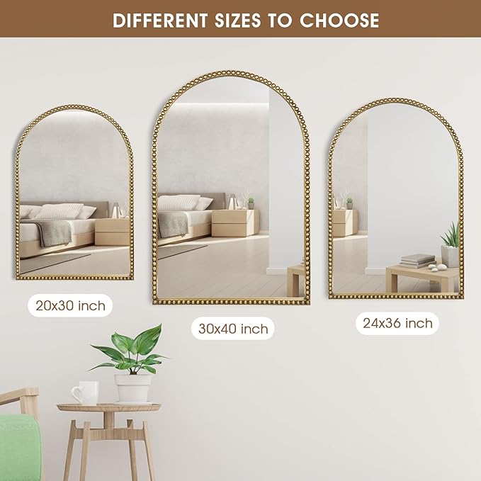 Arched Wall Mirror for Bathroom, 30"x40" Metal Beaded Frame Decorative Accent Mirror, Large Modern Distressed Hanging Wall Decor for Washroom, Bedroom, Living Room, Entryway, Antique Gold