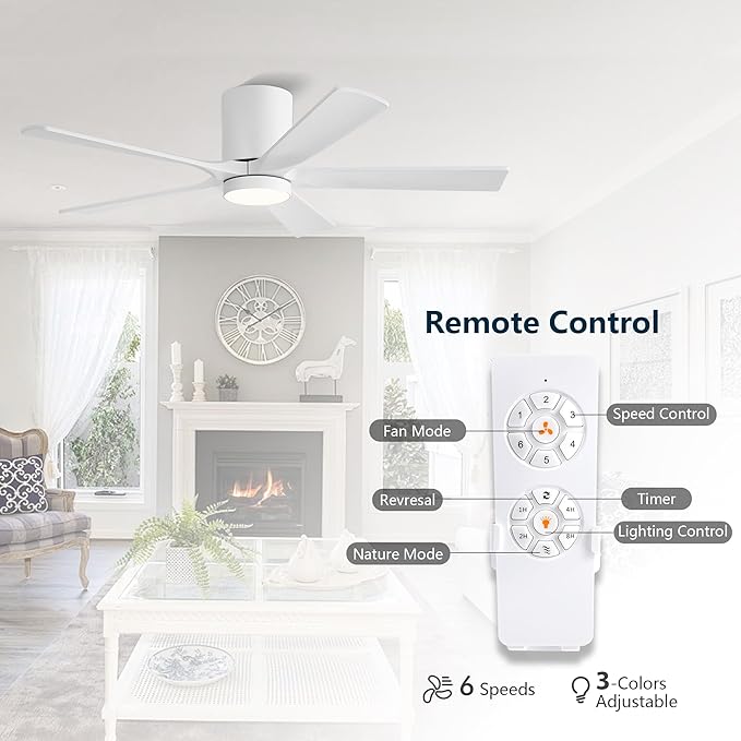 ELEHINSER 52 inch Low Profile Ceiling Fan with Light, 5 Solid Wood Blades, 6-Speeds, Quiet DC Motor, Timer, Flush Mount Modern Ceiling Fan with Remote for Living Room Bedroom, White