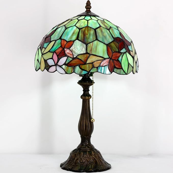 Tiffany Table Lamp Stained Glass Lamp 12X12X19 Inch Antique Reading Light (Red Green Flowers)