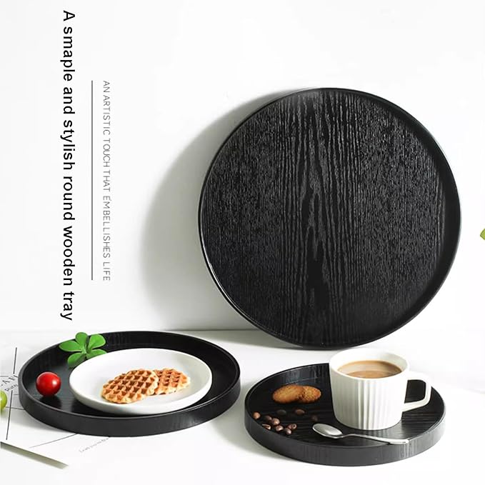 River Round Wood Serving Tray, Solid Wooden Decorative Tray Non-Slip Tea Coffee Table Tray Snack Plate Food Meals Serving Tray with Raised Edges for Home Decor Kitchen Restaurant(11.8inch/30cm, Black)