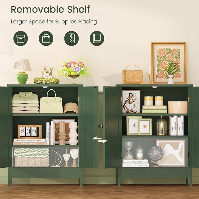 Iwell Bathroom Cabinet, Bathroom Storage Cabinet with 2 Doors & 3 Shelves, 3 Heights Available, for Living Room, Entryway, Home Office, Green