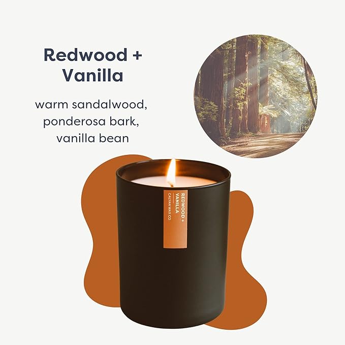 Calyan Wax Co. Redwood & Vanilla Scented Candle - 75 Hour Burn - Luxury Non Toxic Soy Wax Candles - Long Lasting Black Tumbler Jar Candle for Home - 10.2oz