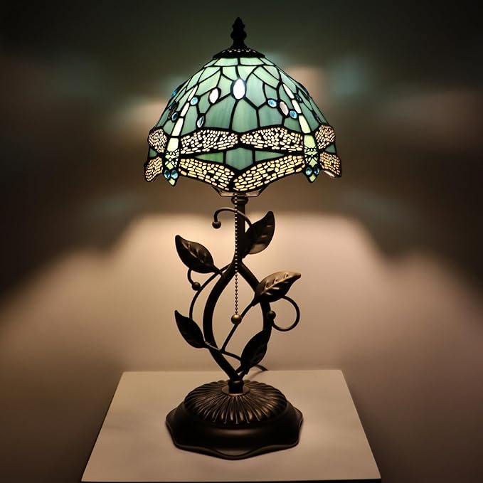 Small Stained Glass Lamp Sea Blue Dragonfly Style Table Lamps Desk Bedside Reading Light 8X8X18 Inches with Bronze Metal Leaf Resin Base