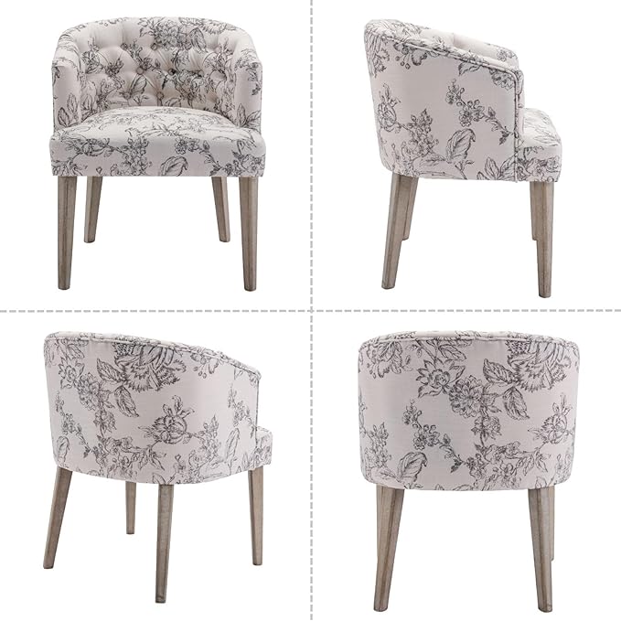 DUOMAY Modern Tufted Dining Chairs Set of 4, Linen Upholstered Side Chair, Comfy Accent Barrel Chair with Wood Legs for Home Kitchen Dining Room Living Room Restaurant, Beige Flower Pattern
