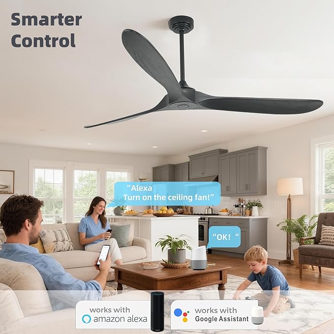 Ceiling Fan Without Light, 72 Inch Smart Wood Ceiling Fan no Lights, Compatible with Alexa/Google, 3 Natural Walnut Black Blades, Remote, Quiet Reversible DC Motor for Indoor Outdoor