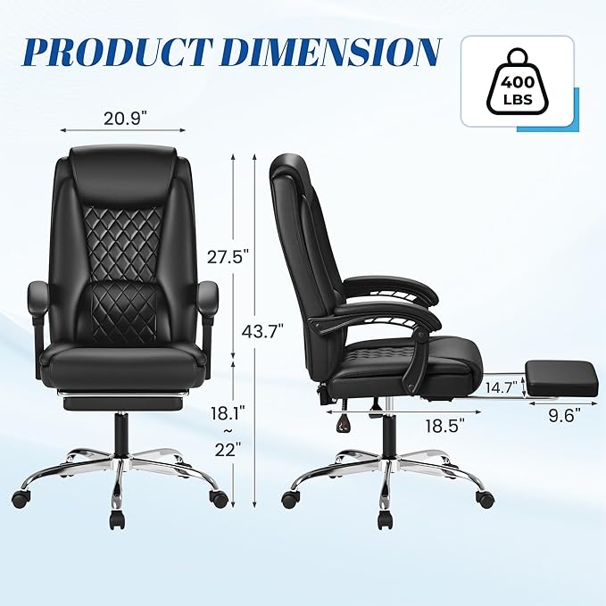 Furmax Office Chair with Footrest Ergonomic High Back Design Executive Computer Desk Chair400lbs, 90-135° Reclining Leather Home Office Desk Chairs Swivel Task Chairs with Wheels(Black)
