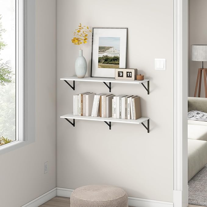 36"W x 12"D Floating Shelves, White Deep Floating Shelves for Wall with Brackets, 12 Inch Deep Wall Shelves for Books, Wide Display Storage Shelves for Bathroom, Living Room, 36 Inch Long, Set of 2