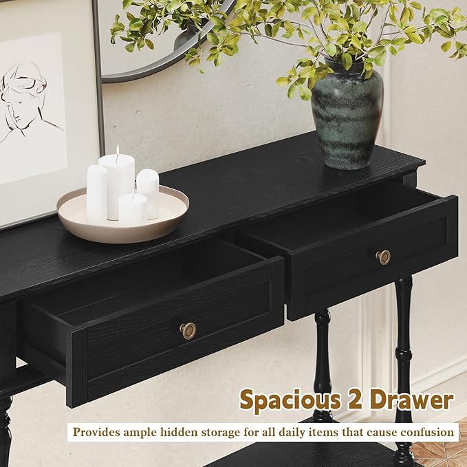 ARTPOWER Console Table for Entryway with 2 Drawers-Minimal Assembly,Black Retro Entryway Table with Storage Cabinets and Open Shelf,Narrow Long Couch Table Behind Sofa for Living Room,Foyer,Hallway