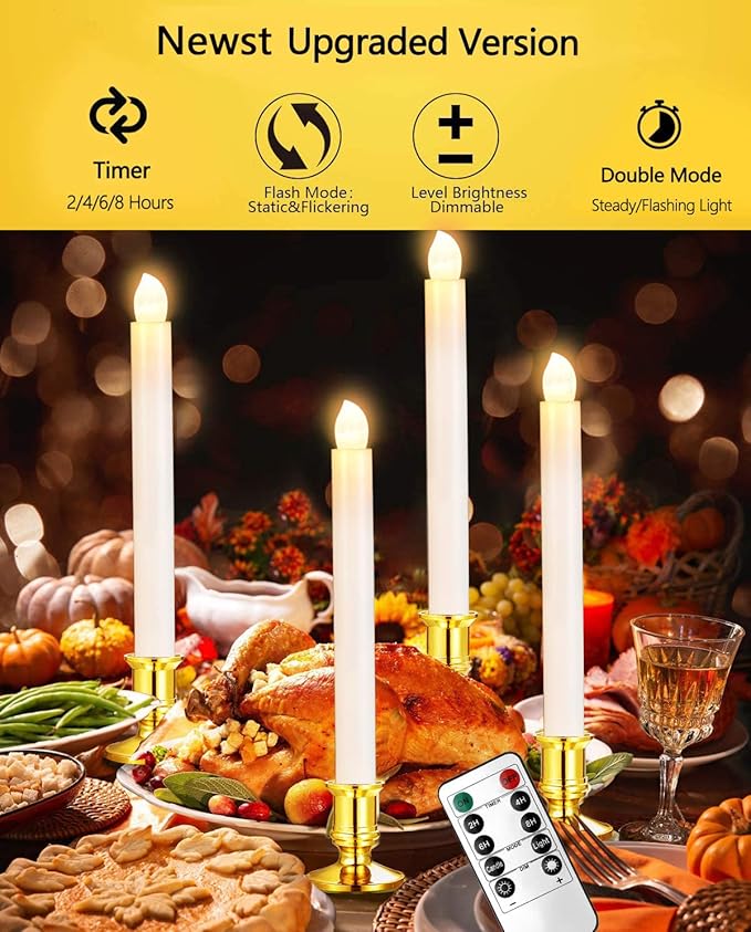 YAUNGEL Christmas Window Candles, 12 Pack Battery Operated Flameless Taper Candles for Windows with Timer Remote, Electric Candle Lights with Candle Holders Suction Cups for Christmas