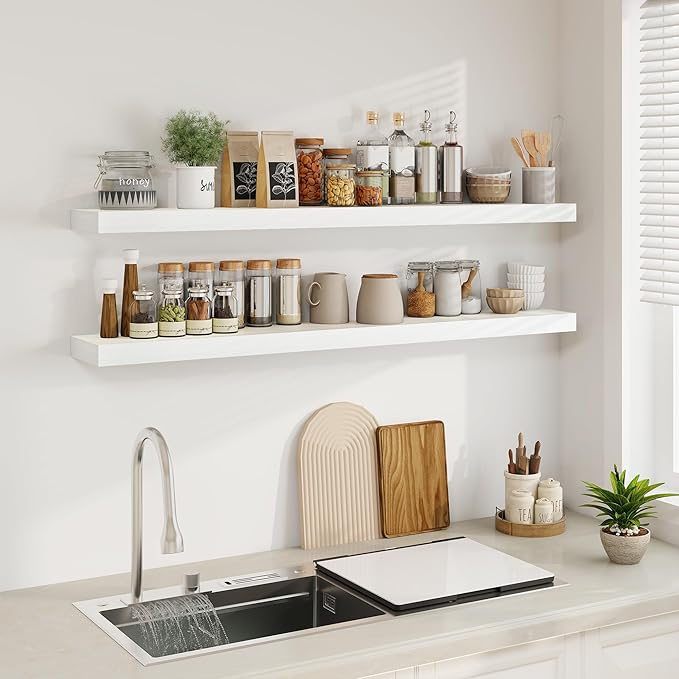 Fun Memories Floating Shelves for Wall, 55Inch Floating Shelves Set of 2, Hanging Shelf with Invisible Brackets, Wood Shelves for Living Room, Bedroom, Kitchen, White