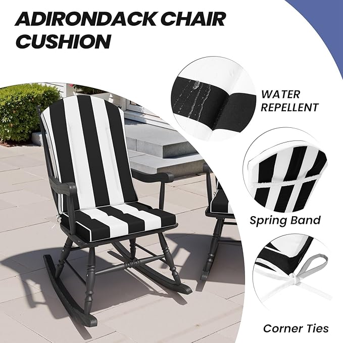 Crestlive Products 50x20 Inch Adirondack Chair Cushions Set of 2 Outdoor Rocking Chair Cushions Waterproof Fade Resistant High Back Patio Replacement Cushions, Black Stripe
