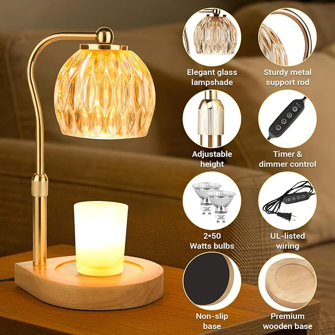 Candle Warmer Lamp with Timer Dimmer Adjustable Height, Gift for Women Mom, House Warming New Home Cozy Decor, Wax Melt Warmer for Jar Candles with 2 Bulbs