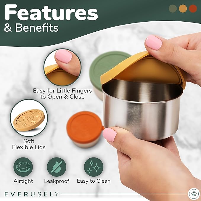 Everusely - Stainless Steel Food Containers - 3 Pack, Muted - Metal Lunch Box - Nesting Snack Containers for Office, Home Food Storage - Leakproof Silicone Lids - Dishwasher and Freezer Safe