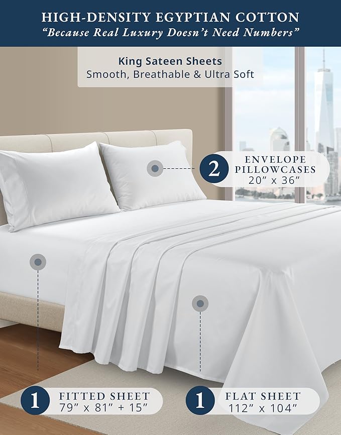 LANE LINEN 100% Egyptian Cotton Sheets, Sustainably Produced Eco Friendly Luxury Hotel Like Thick sábanas King, 15 inch Reinforced French Seam deep Pocket King Sheet Set - Brilliant White