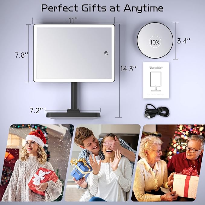 FUNTOUCH Rechargeable Makeup Vanity Mirror with Lights, Large Lighted Desk Makeup Mirror with 96 LED Lights and 10x Magnifying, 3 Color Lighting, Make up Light Mirror with Phone Holder,Black