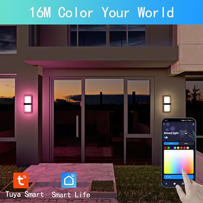 RGBCWW Color Changing LED Outdoor Wall Lights,14in 22W Smart Exterior Wall Sconces, IP65 Waterproof Outdoor Porch Lights,Tuya App Control for Front Door,Garage & Yards