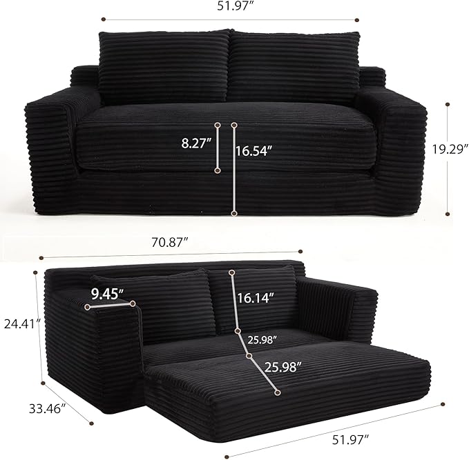 Fefances Loveseat Sofa Bed Boneless Couch, Convertible 2-in-1 Design, Corduroy Fabric - Compact Memory Foam Couch for Small Spaces, Apartments, Home Office & Bedroom (Black)
