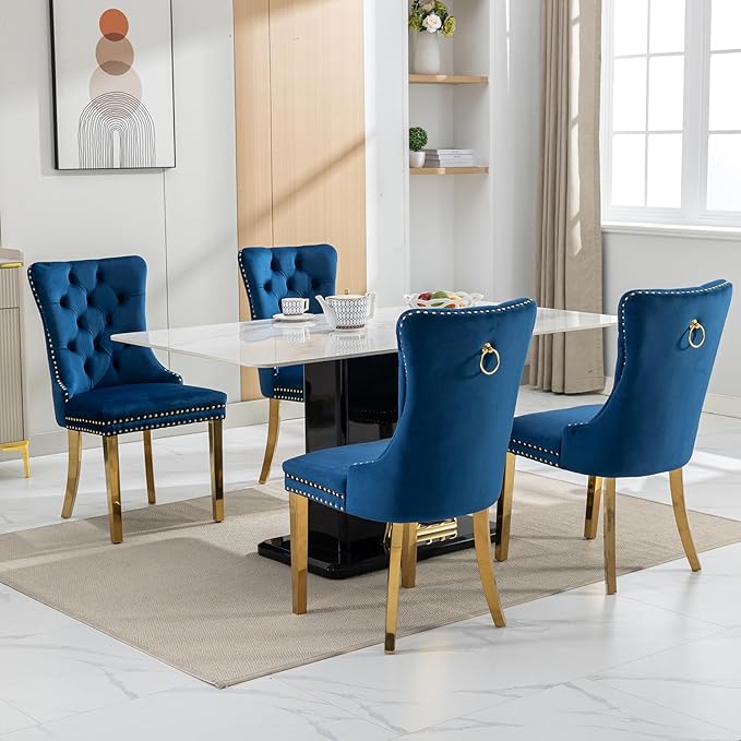 Luxury Upholstered Dining Chairs Set of 2, Blue Kitchen Chair with Golden Metal Legs, Velvet Tufted Back Dining Chair, Sillas de Comedor, Modern Kitchen & Dining Room Chairs (Blue, 2 Pcs)