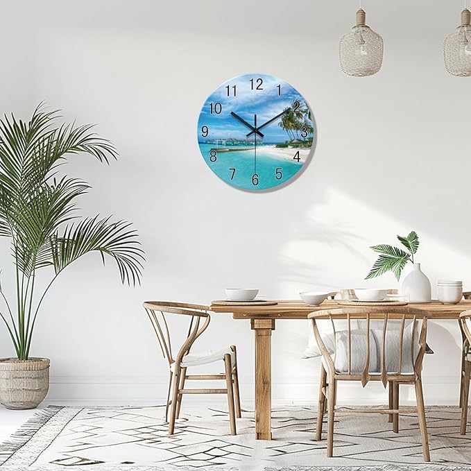 XFM Blue Beach Wall Clock 16 Inch Silent Wall Clocks Battery Operated Coastal Nautical Clock Decorative for Living Room Bedroom Bathroom