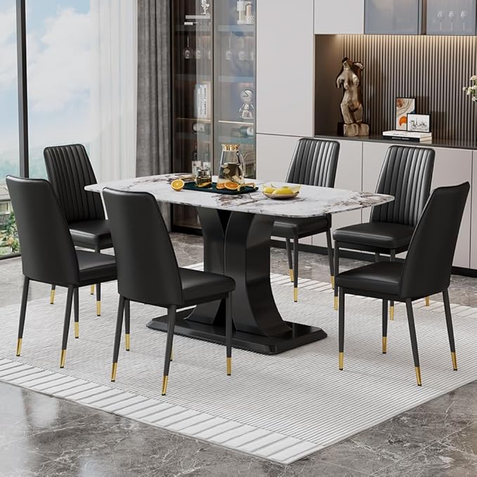 Modern Dining Table Set for 6, Marble Kitchen Table Chair Set for 6, Rectangular Kitchen Table with 6 Pu Leather Upholstered Chair for Dining Room