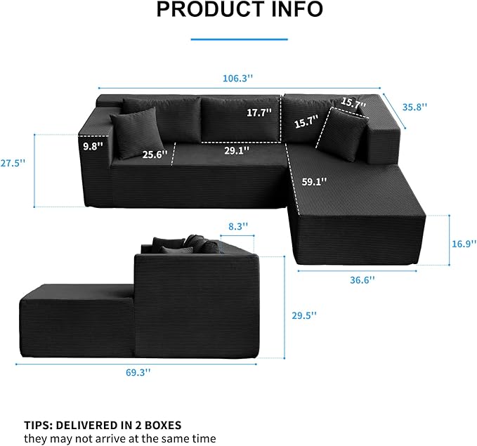 PUREMIND 106" Black Sectional Couches for Living Room, Cloud Couch Modular Sectional Sofa, Corduroy L Shape Sofa with Deep Seat, Modular Boneless Foam Couch Corner Couches No Assembly Required