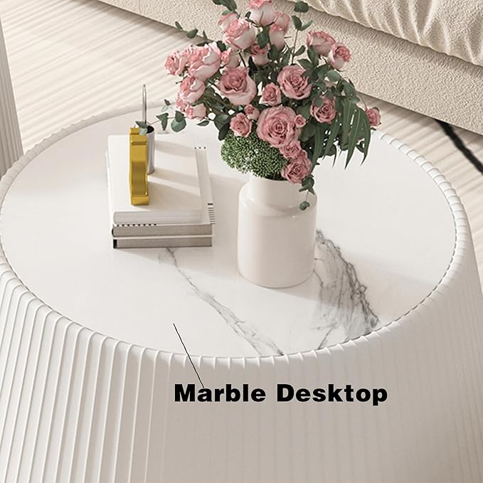 White Round Coffee Table with Sintered Stone Tabletop, 26.77" Drum Coffee Table with Fluted PU Leather Covered and Stable Base, Circle Cocktail Tea Table for Living Room