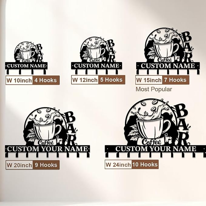 Coffee Bar Keys Holder - Metal Iron Wall Hooks with Custom Name | Personalized Home Decor & Gift Idea | Coffee-Themed Text Engraving Design (Style B)