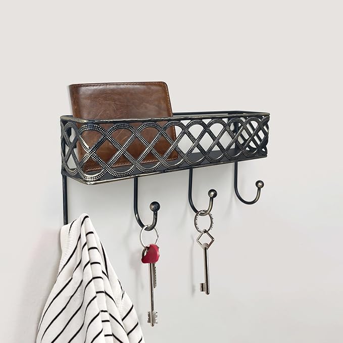 Celtic Knot Key Holder Wall Shelf - Entryway Wall Mounted Organizer with 4 Hooks, Metal Storage for Keys, Wallets, Bags, Hats (Antique Black)