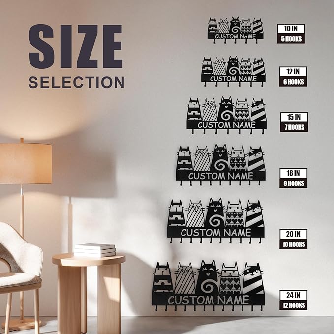 Dyoart Personalized Key Holder Wall Mount - Custom Name Cat Key Holder for Wall, Black Pet Wall Art Decor, Housewarming Gifts, Key Rack Coat Rack Organizer for Storage, Living Room, Hallway