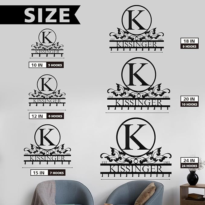 Personalized Key Holder Wall Mount - Custom Family Name Key Holder for Wall, Metal Key Rack Hook Organizer, Coat Rack, Key Hanger Wall Decor for Kitchen, Entryway, Hallway, Bedroom