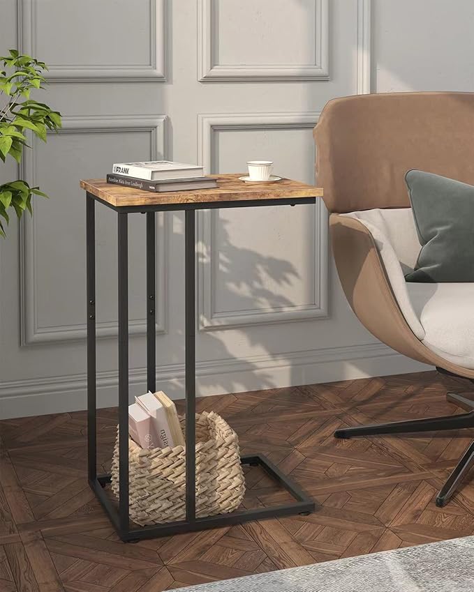 Innerjoin Slim C Shaped End Table, C Side Table for Sofa, Couch and Bed, Tv Tray Table fits Small Space, Living Room Bedroom, Rustic Brown