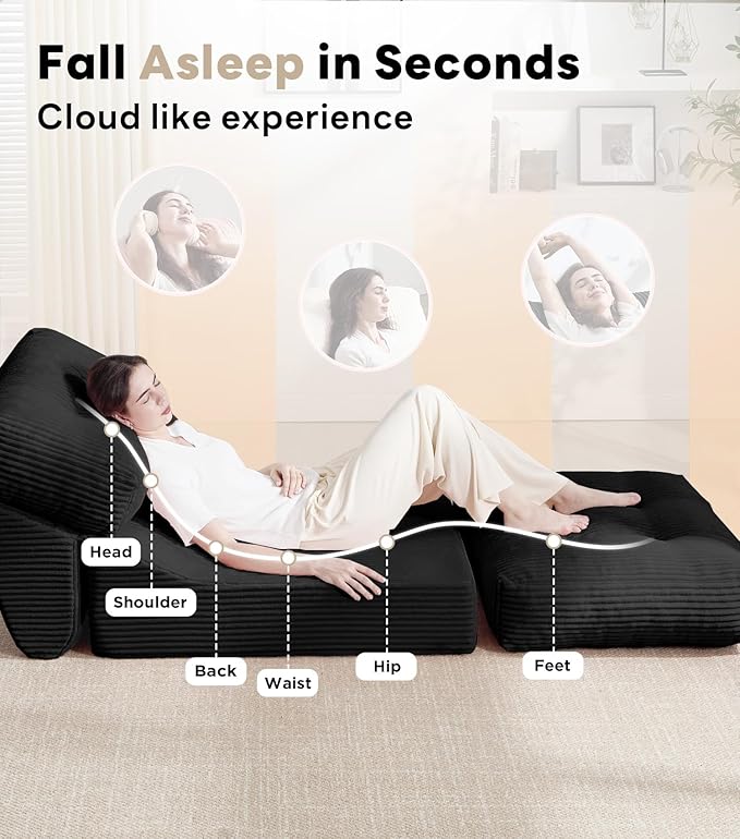 Tbfit Folding Sofa Bed, Convertible Sleeper Chair with Large Pillow, Corduroy Folding Couch Bed, Portable & Foldable Mattress Boneless Floor Sofa for Living Room, Bedroom, Office, Black, Single