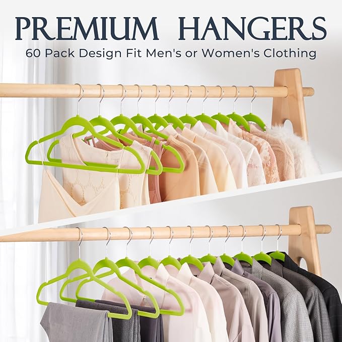 HOUSE DAY Vibrant Green Velvet Hangers 60 Pack, Non Slip Clothes Felt Hanger Heavy Duty for Coat, Premium Slim Space Saving Suit Hangers for Closet Organizer, 360° Rotating Silver Hook