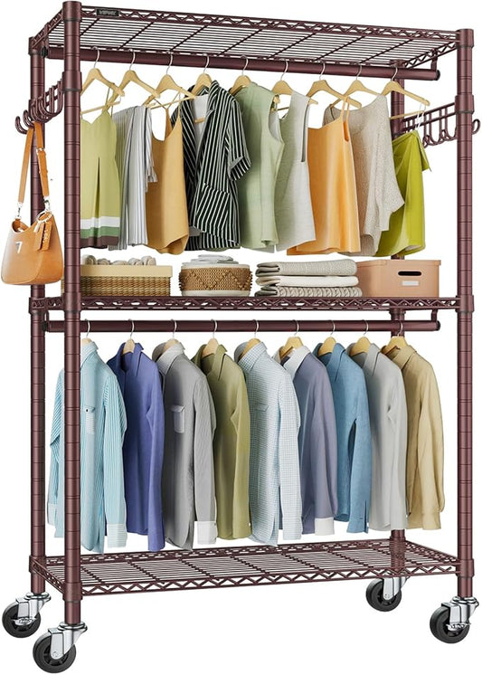 VIPEK R2 Plus Rolling Clothes Rack for Hanging Clothes Heavy Duty Clothing Rack 3 Tiers Adjustable Metal Wire Shelving Garment Racks with Side Hooks, Closet Organizers and Storage Wardrobe, Bronze