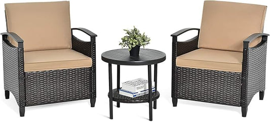 Tangkula 3 Piece Rattan Sofa Set, Patio Conversation Bistro Set w/Coffee Table, Seat and Back Cushions, Sturdy Steel Frame, Outdoor Furniture Set for Garden, Backyard, Balcony, Poolside