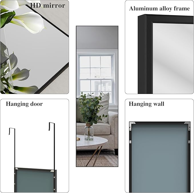 ANYHI Large Full Length Mirror, 60" x 18" Door Mirror Full Length, 2 Hooks, Over The Door or Wall Monuted, Aluminum Frame, for Bedroom Bathroom Checkroom, Black
