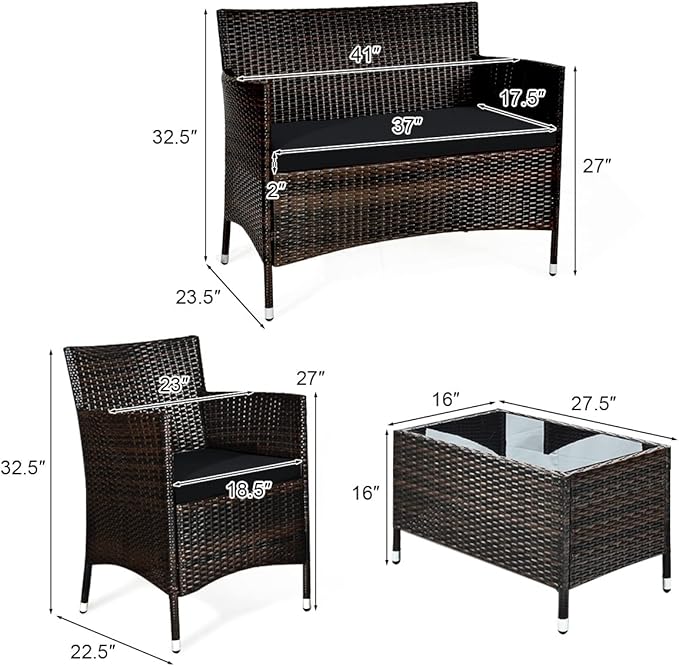 Goplus 4-Piece Rattan Patio Set, Outdoor/Indoor Wicker Conversation Set for Pool, Backyard, Lawn, Wicker Chairs and Sofa with Soft Cushion, Rattan Furniture with Tempered Glass Coffee Table