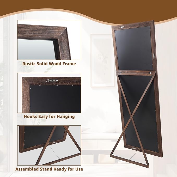 MELOMOIR Rustic Farmhouse Full Length Mirror, 56"x21" Wood Floor, Free Standing Leaning Hanging, Long for Bedroom Cloakroom, Wall Full Length, Charcoal-Grilled Brown