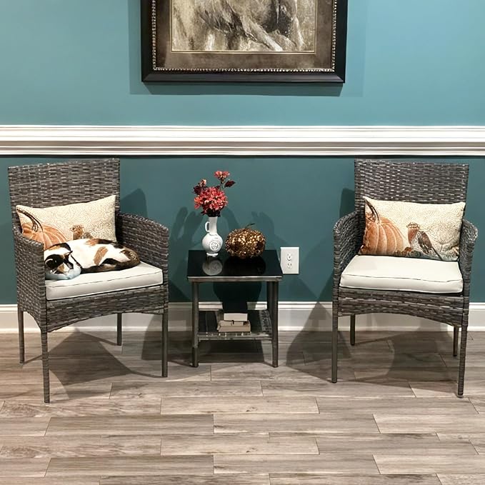 FDW | 3-Piece Patio Furniture Set | Gray & Khaki | Outdoor Wicker Furniture with Coffee Table | Modern Rattan Chairs Conversation Set | Outdoor Seating | Weather-Resistant | for Porch, Garden, Lawn